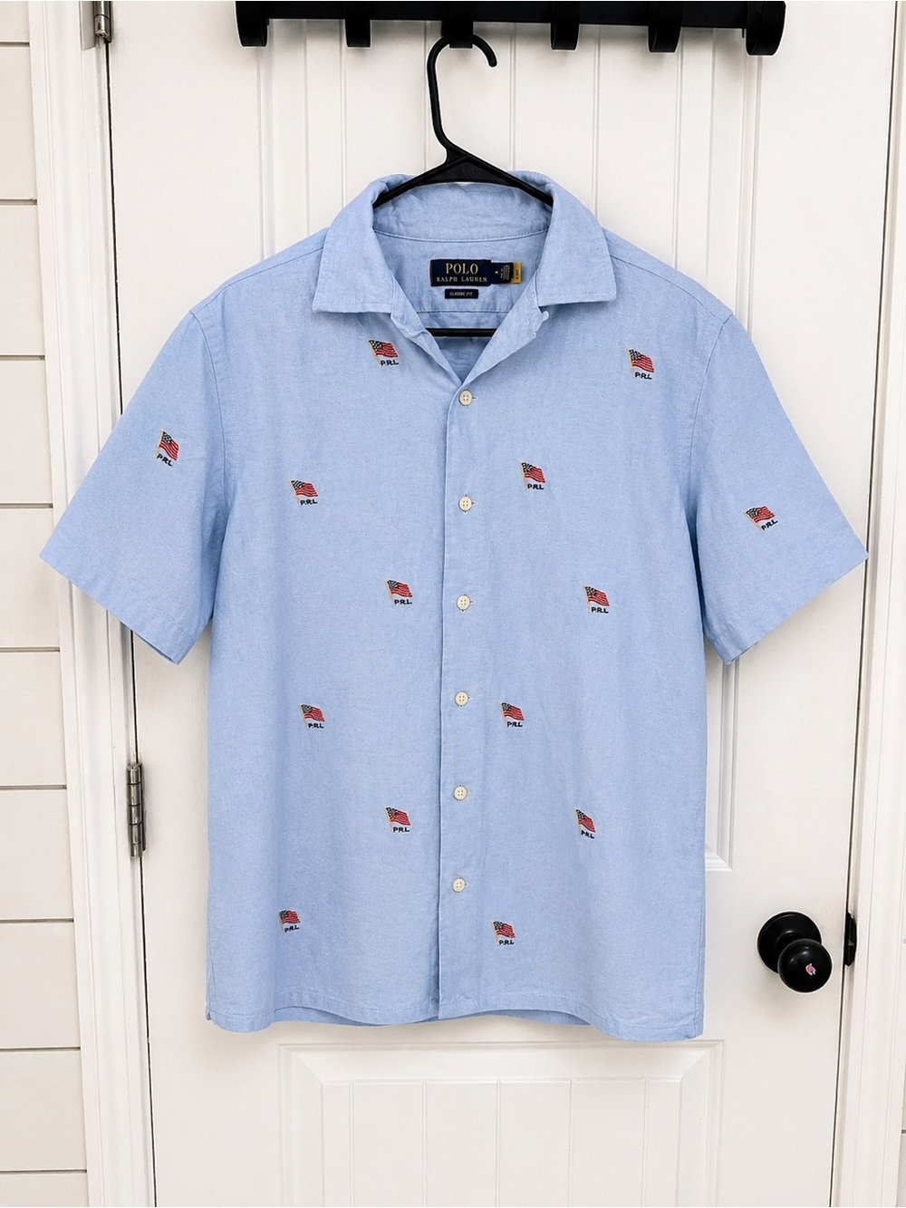 Polo Ralph Lauren Medium Flag Embroidered Classic Fit Button Up Shirt Blue